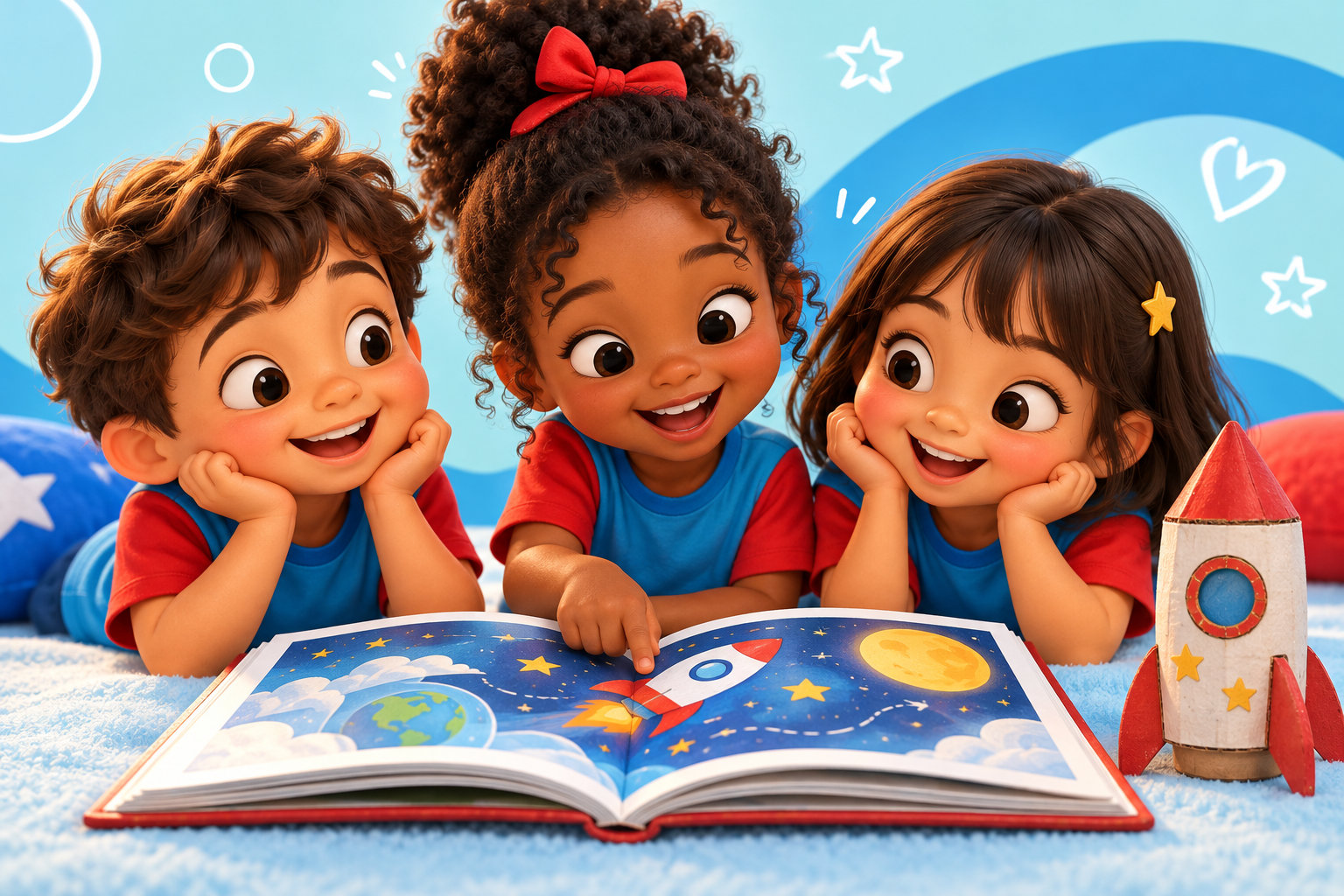 Ilustração de crianças explorando um livro com curiosidade e imaginação