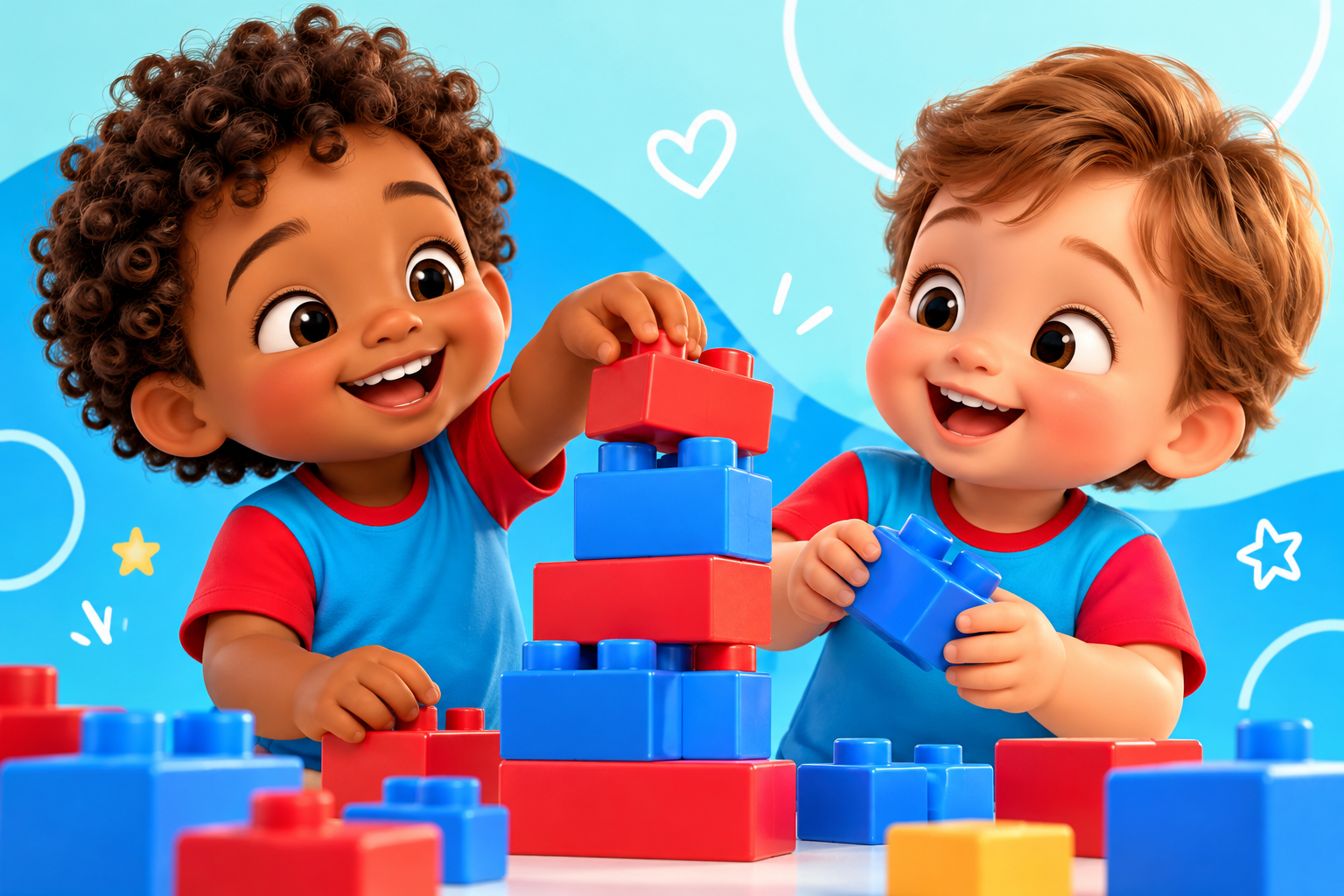 Ilustração de duas crianças felizes construindo juntas com blocos